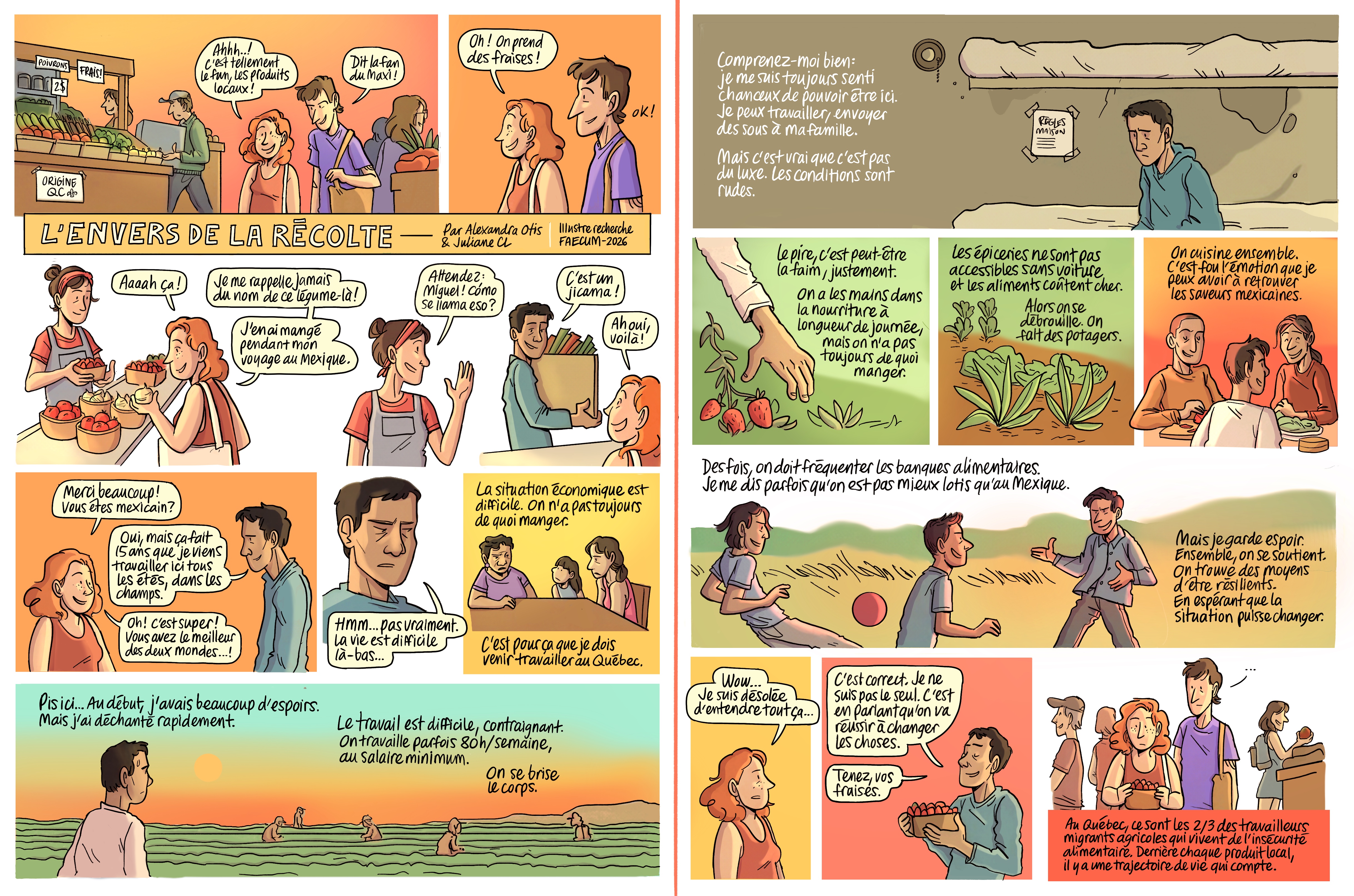 Bande dessinée qui représente les enjeux d'insécurité alimentaire vécus par les travailleurs migrants temporaires.